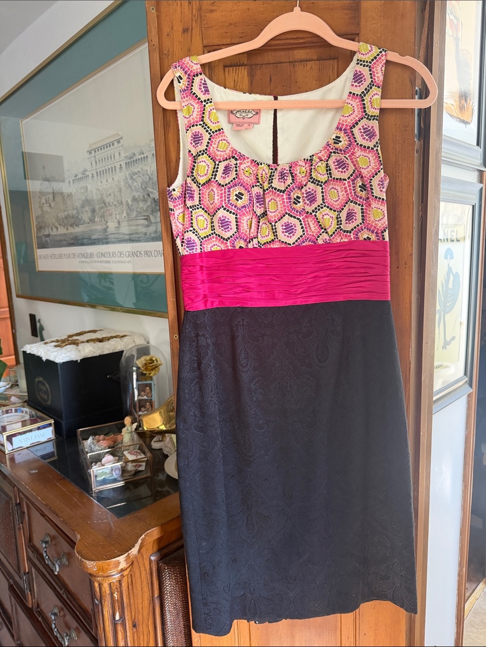 Phoebe Couture Pink Patterned & Black Midi Dress with Fuchsia Waistband